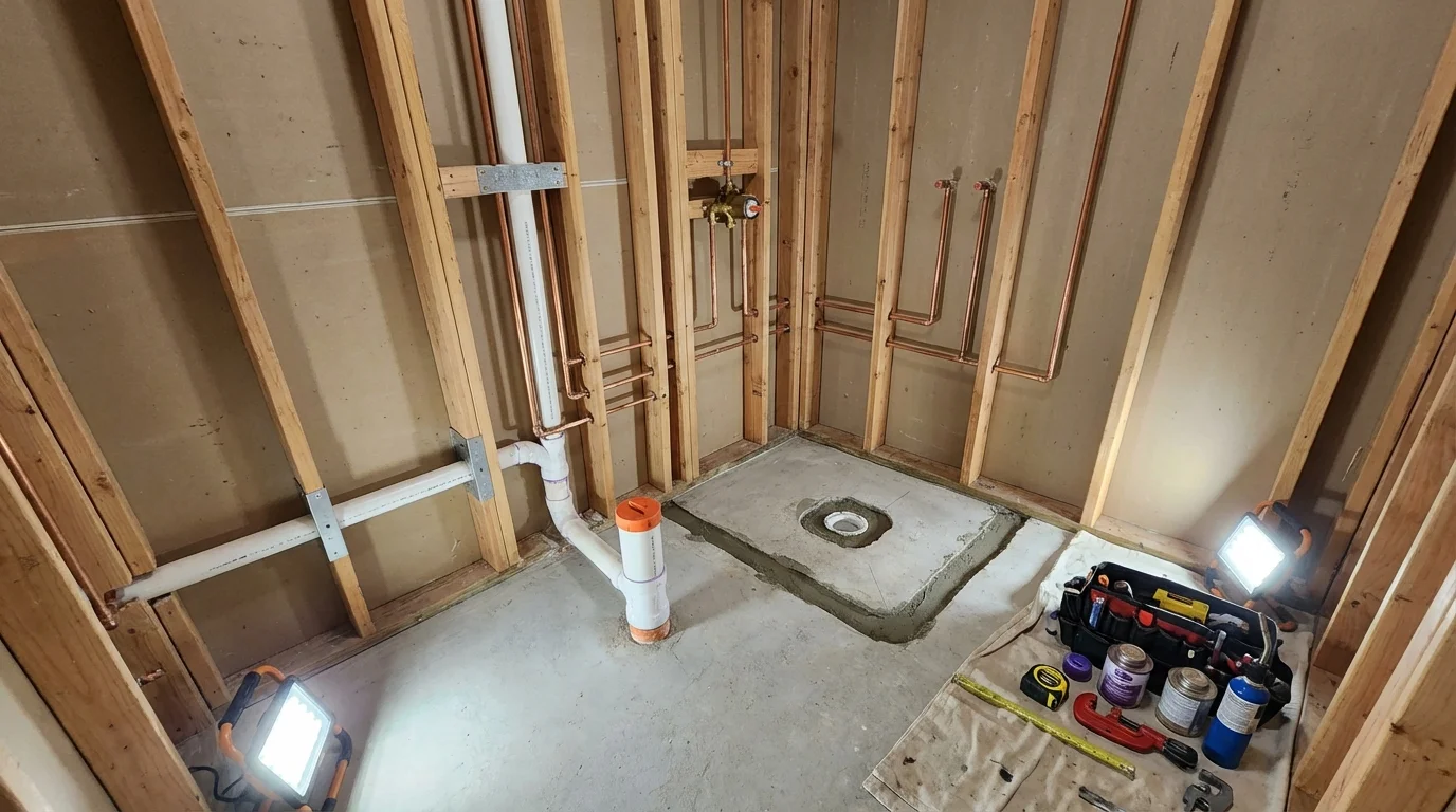 Bathroom rough-in plumbing during remodel by Johns Plumbing LLC in Elk River