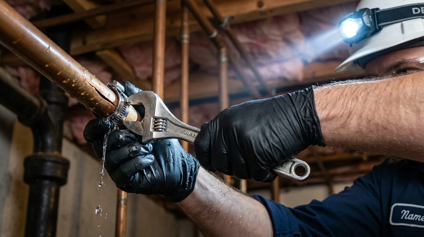 Emergency pipe clamp repair being performed by a Johns Plumbing LLC plumber in Elk River