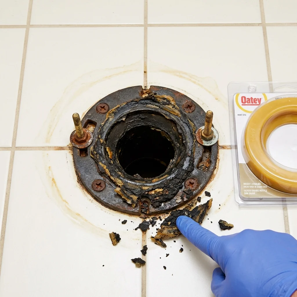 Failed wax ring showing water seepage at the base of a toilet in a Elk River, MN home