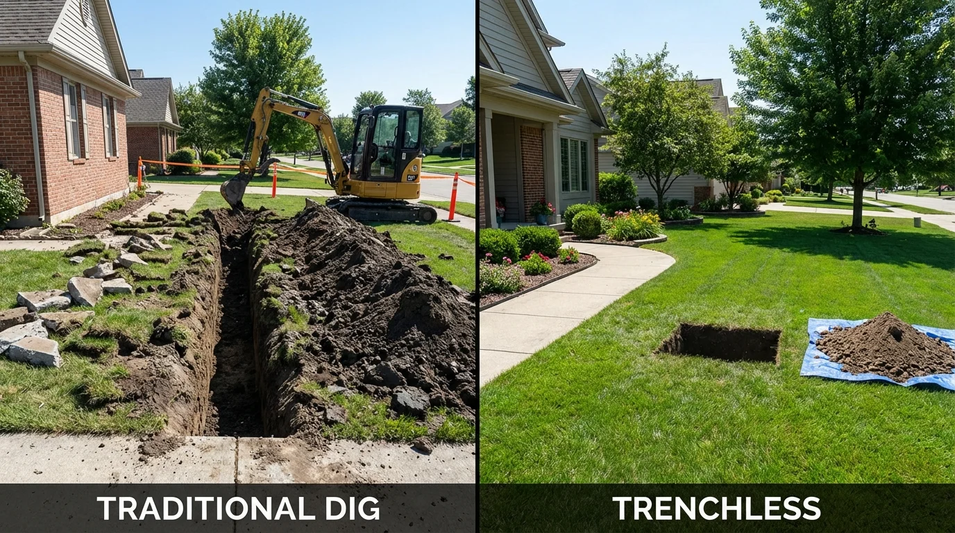 Trenchless sewer repair with minimal yard damage versus traditional excavation in Elk River, MN