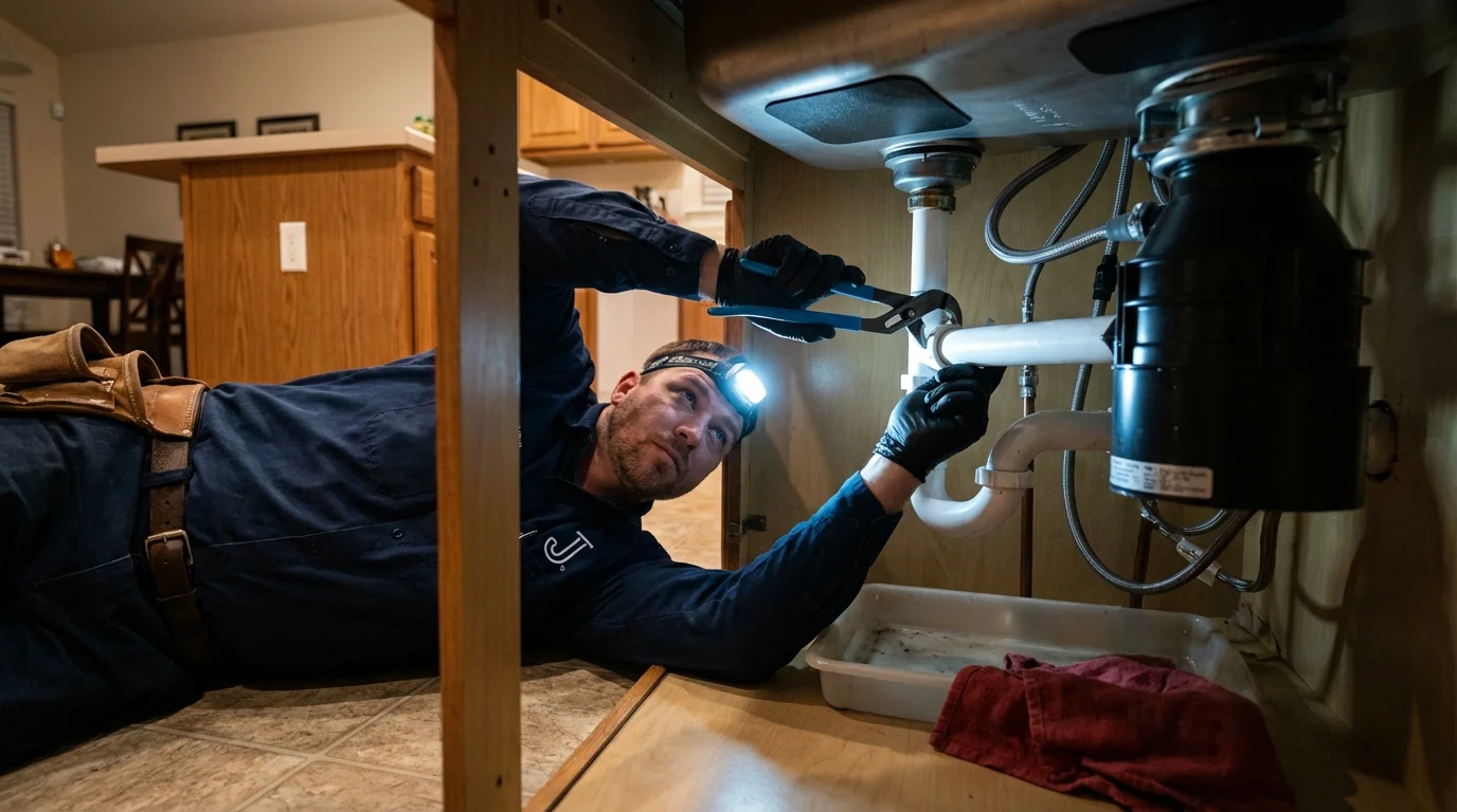 P-trap and supply line connections under a kitchen sink showing a common leak point in Elk River, MN